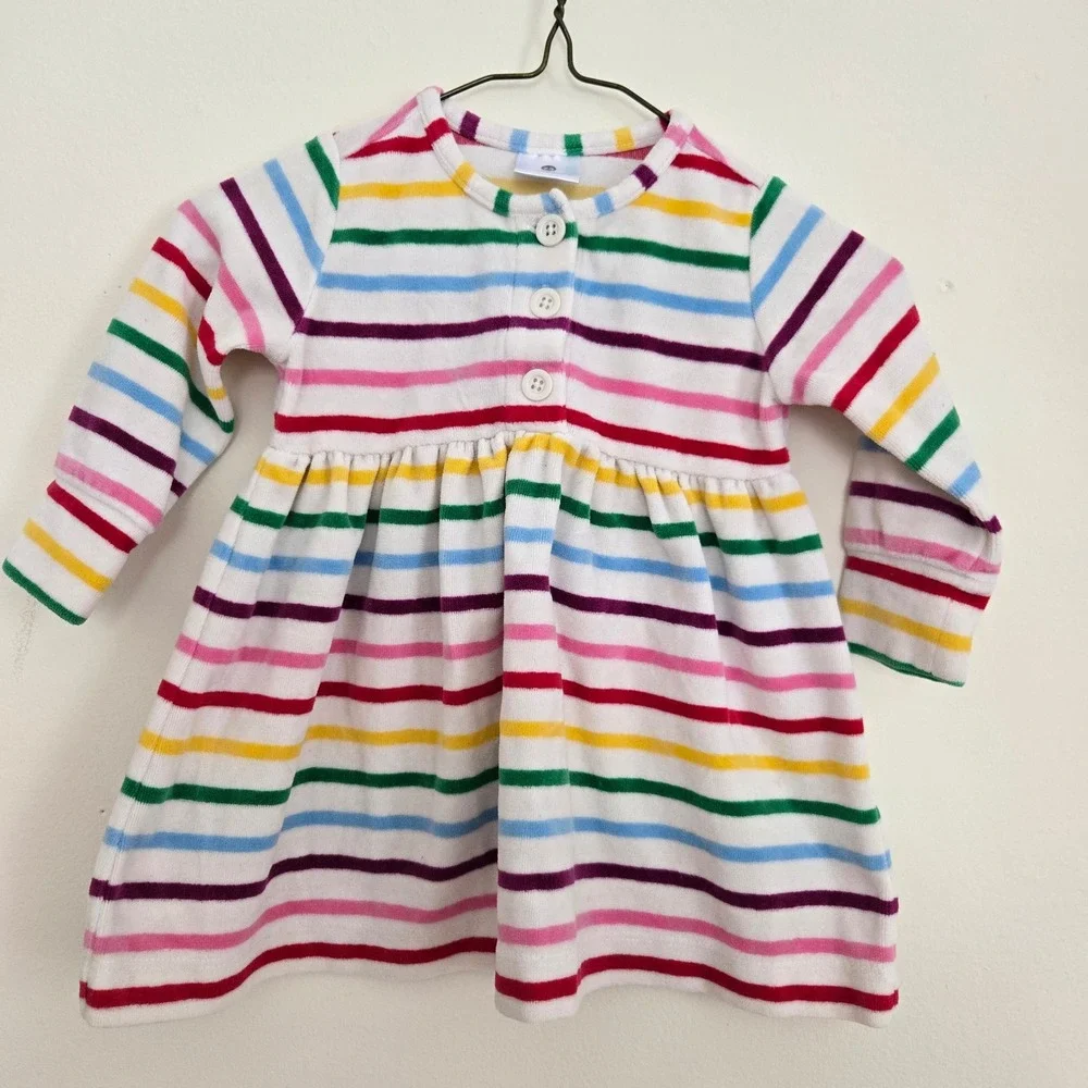 Hanna Andersson Baby Girls Rainbow Stripe Velour Long Sleeve Dress‎ 75cm 12-18M